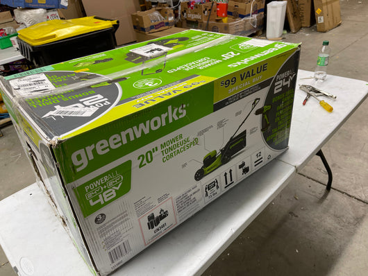 Greenworks 48V 20" Brushless Cordless Push Lawn Mower + 24V Brushless Drill / Driver, (2) 4.0Ah USB Batteries (USB Hub) and Dual Port Rapid Charger Included (2 x 24V)- NEW IN BOX