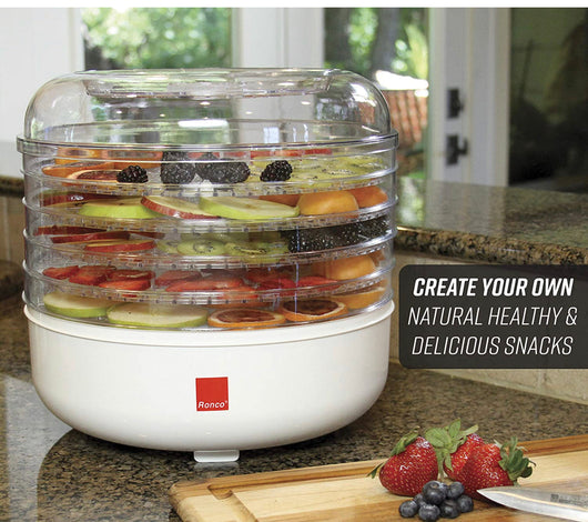 Ronco 5-Tray Dehydrator, Food Preserver Quiet & Easy Operation, for Beef, Turkey, Chicken, Fish Jerky, Fruits, Vegetables, Classic White- slightly used - like new in box