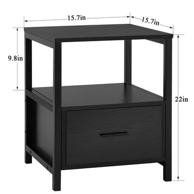 VECELO Nightstand Set of 2 with Drawer Modern Square End Side Table for Storage Open Shelf in Bedroom, Living Room, Small Space, Stable Metal Frame, Black, 2 Pack**New in box**