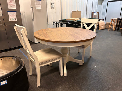 Roundhill Furniture Prato 3-Piece Round Dining Table Set with Cross Back Chairs, Antique White and Distressed Oak! (SOLID WOOD)  -Brand new & Assembled (Must Bring Pick up or Trailer for pick up)