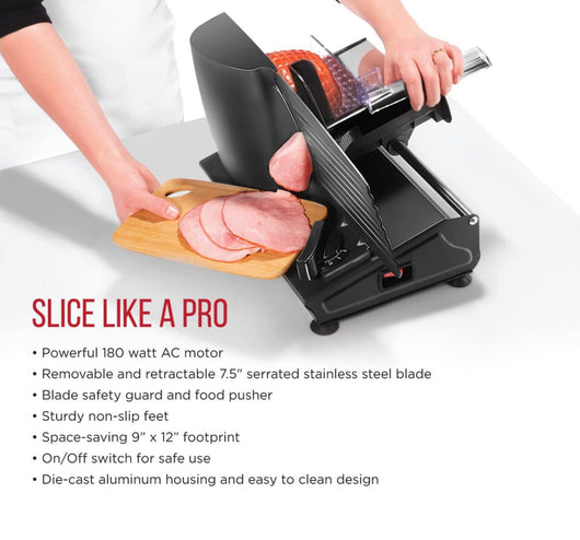 Chefman Die-Cast Electric Meat & Deli Slicer, A Powerful Machine with Adjustable Slice Thickness, Stainless Steel Blades & Safe Non-Slip Feet To Easily Cut Ham, Cheese, Bread, Fruit & Veggies At Home- NEW IN BOX!!!