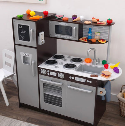 KidKraft Uptown Espresso Wooden Play Kitchen with Chalkboard and 30-Piece Play Food Accessories- NEW IN BOX!!!!