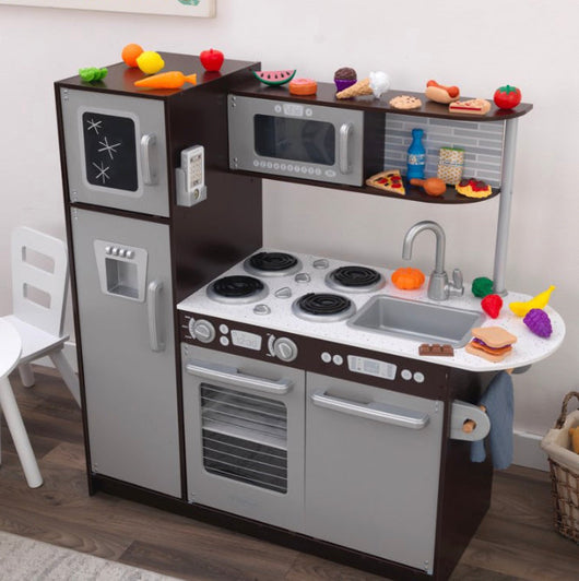 KidKraft Uptown Espresso Wooden Play Kitchen with Chalkboard and 30-Piece Play Food Accessories- NEW IN BOX!!!!