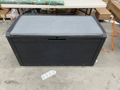 Suncast Outdoor 50 Gal Resin Deck Box with Seat, Black!! USED, MISSING ONE HINGE AND HAS MINOR CRACK(FUNCTIONS PROPERLY)!!