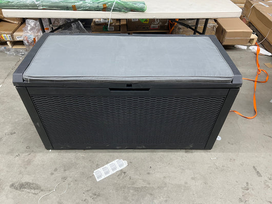 Suncast Outdoor 50 Gal Resin Deck Box with Seat, Black!! USED, MISSING ONE HINGE AND HAS MINOR CRACK(FUNCTIONS PROPERLY)!!