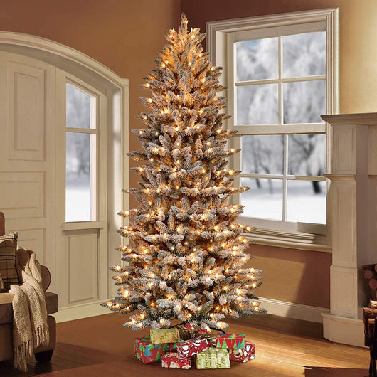 Puleo International 6.5 Foot Pre-Lit Slim Flocked Fraser Fir Artificial Christmas Tree with 350 Clear Lights, Green- new in box