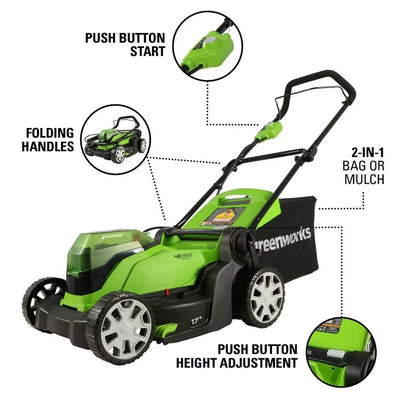 Greenworks 48V (2x24V) 17-inch Lawn Mower/Axial Blower Kit, (2) 4Ah USB Batteries and Dual Port Charger, 1310602AZ**New in box**