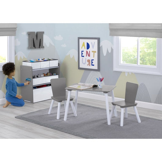 Delta Children 4-Piece Toddler Playroom Set – Includes Play Table with Dry Erase Tabletop and 6 Bin Toy Organizer with Reusable Vinyl Cling Stickers, Grey/White- new in box - slight shipping damage- please see pics