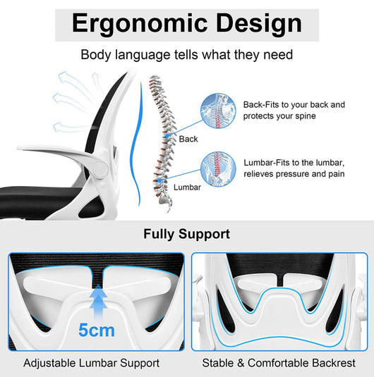 Primy Office Chair Ergonomic Desk Chair with Adjustable Lumbar Support and Height, Swivel Breathable Desk Mesh Computer Chair with Flip up Armrests for Conference Room(White)- NEW AND ASSEMBLED!!!
