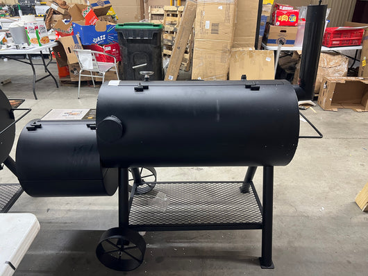 Oklahoma Joe's Longhorn Reverse Flow Smoker Black!! NEW AND ASSEMBLED, MISSING HEAT BAFFLE BUT STILL A FUNCTION-ABLE GRILL!!