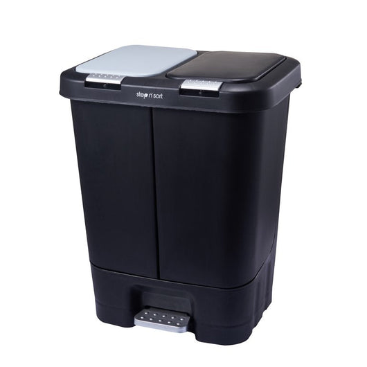 Step N' Sort Dual Plastic Trash and Recycle Bin with Slow Close Lid, Black, 11 gal**New**