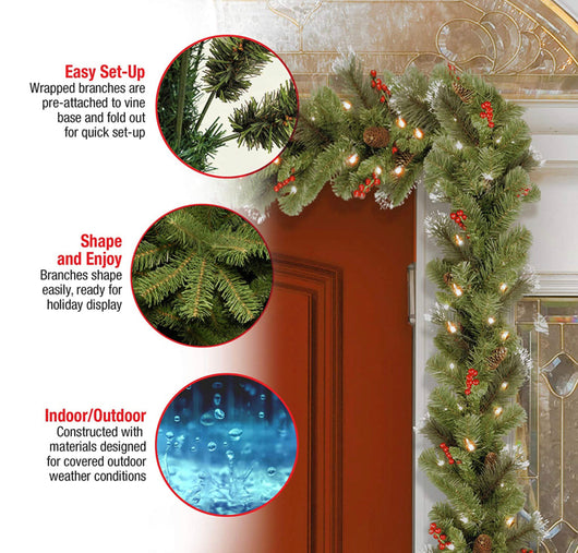 National Tree Company Pre-Lit Artificial Christmas Garland, Green, Crestwood Spruce, White Lights, Decorated with Pine Cones, Berry Clusters, Plug In, Christmas Collection, 9 Feet- NEW IN BOX!!!