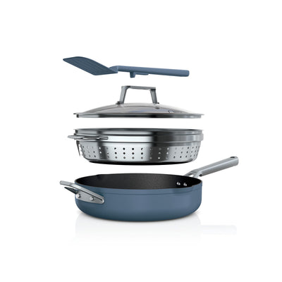Ninja CW102BL Foodi NeverStick PossiblePan, Premium Set with 4-Quart Capacity Pan, Steamer/Strainer Basket, Glass Lid & Integrated Spatula, Nonstick, Durable & Oven Safe to 500°F, Macaron Blue**New in box**