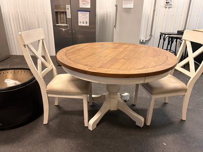 Roundhill Furniture Prato 3-Piece Round Dining Table Set with Cross Back Chairs, Antique White and Distressed Oak! (SOLID WOOD)  -Brand new & Assembled (Must Bring Pick up or Trailer for pick up)