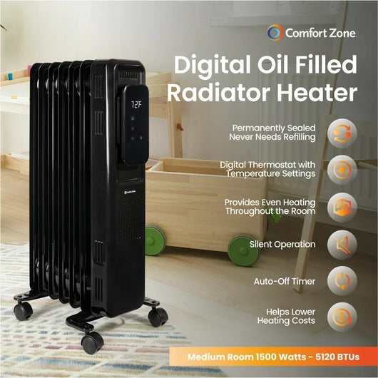 Comfort Zone 1500Watt, Oil-Filled, Digital, Electric Radiator Heater W/ Silent Operation, Black**New in box**