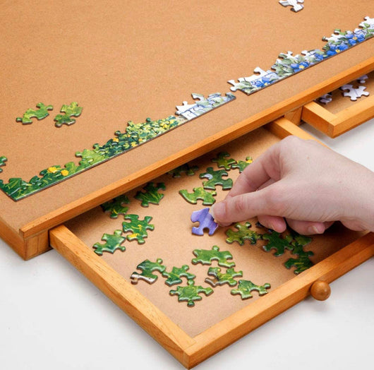 Bits and Pieces - The Original Jumbo 1500 pc Wooden Puzzle Plateau-Smooth Fiberboard Work Surface - Four Sliding Drawers Complete This Puzzle Storage System- NEW IN BOX!!!