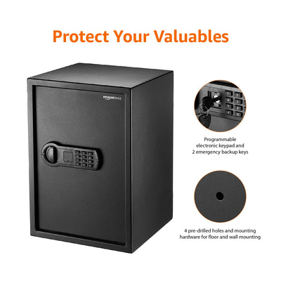 Amazon Basics Steel Home Security Safe with Programmable Keypad - Secure Documents, Jewelry, Valuables - 1.8 Cubic Feet, 13.8 x 13 x 19.7 Inches, Black**New**