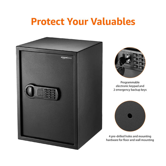 Amazon Basics Steel Home Security Safe with Programmable Keypad - Secure Documents, Jewelry, Valuables - 1.8 Cubic Feet, 13.8 x 13 x 19.7 Inches, Black**New**