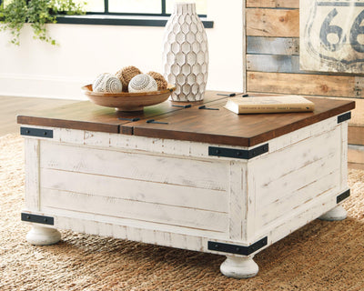 Signature Design by Ashley Wystfield Farmhouse Square Storage Coffee Table with Hinged Lift Top, Distressed White**New in box**