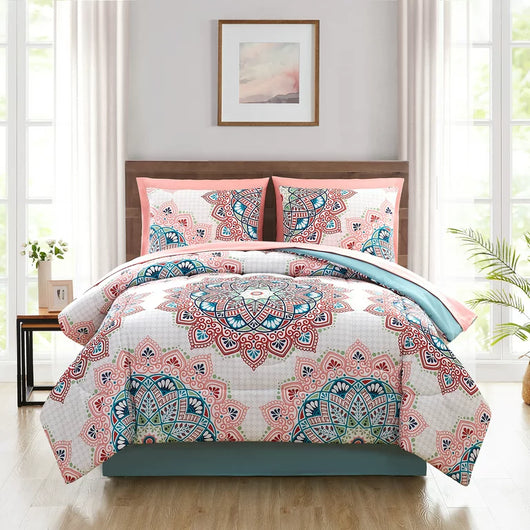 Mainstays Pink and Teal Medallion 8 Piece Bed in a Bag Comforter Set with Sheets, King**New**