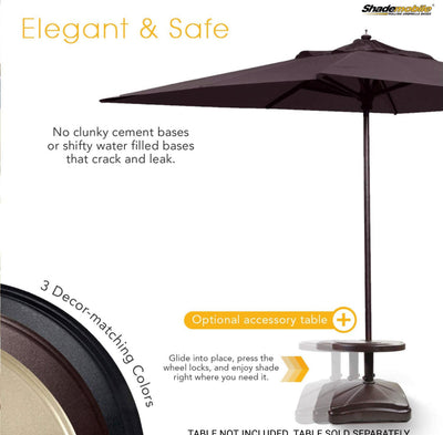 Shademobile Outdoor Umbrella Stand w/ Easy Rolling Base (up to 125lb) Heavy Duty Universal Design for Weighted Commercial Patio & Deck Big Mobile Sun Shade w/ Hidden Wheels | Bronze, Black, Sandstone- NEW IN BOX!!!