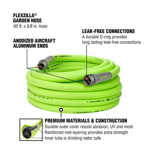 Flexzilla® Garden Hose, 5/8" x 50', 3/4" - 11 1/2 GHT Fittings, Flexible Hybrid Polymer, ZillaGreen®**New**