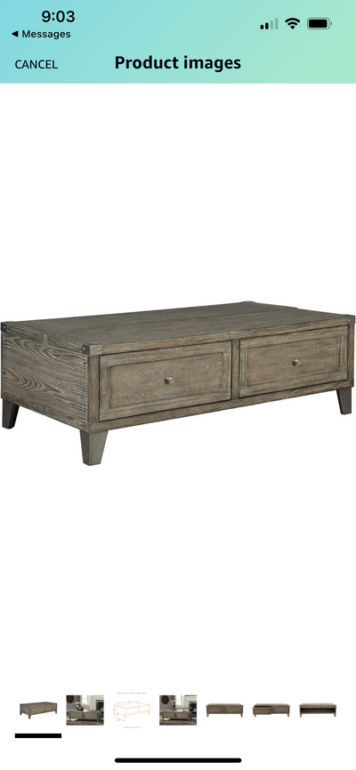 Signature Design by Ashley Chazney Industrial Lift Top Coffee Table with 2 Storage Drawers, Brown- NEW IN BOX!!!