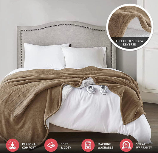 Serta Reversible Fleece to Sherpa Electric Blanket Fast Heating Soft Cover, Safety Auto Shut Off Timer, Low EMF, Multi Heat Setting, ETL Certified, Machine Washable, Stone Brown King (90 in x 100 in)- new