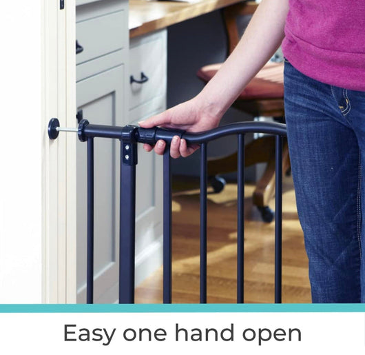 Gate: Decorative heavy duty metal safety gate with one hand operation. Pressure Mount. Fits 28.25"- 38.25" wide (28.5" tall, Bronze)- NEW IN BOX!!!