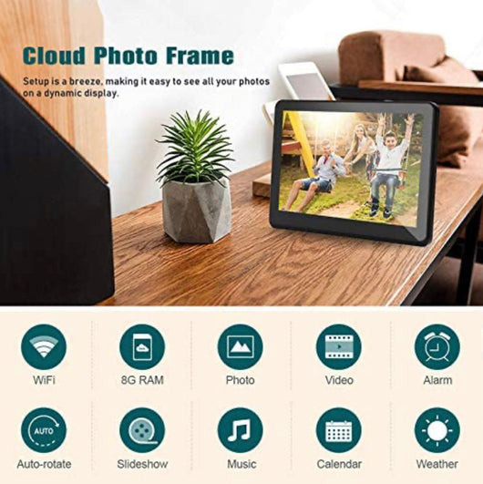 CAMKORY WiFi, 8 in., Digital Picture Frame with Full HD IPS Touch Screen Display, Auto Rotate 8GB Internal Memory, Digital Photo Display with APP, Alarm, USB Port - Black!! NEW IN BOX!!