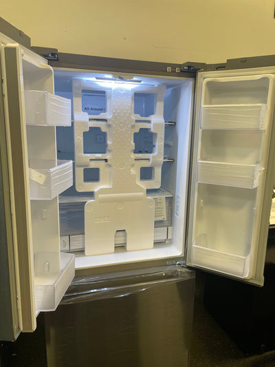Samsung 22 cu. ft. Smart 3-Door French Door Refrigerator (new with factory plastic still on it. Small dents shown)