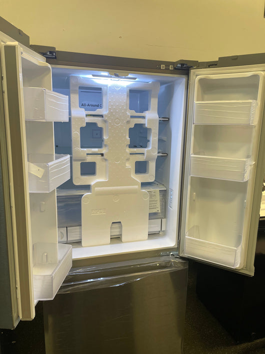 Samsung 22 cu. ft. Smart 3-Door French Door Refrigerator (new with factory plastic still on it. Small dents shown)