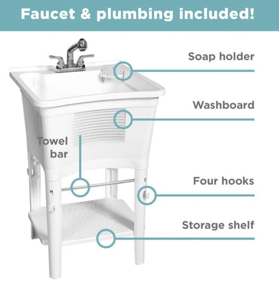 Zenna Home Ergo Tub Utility Sink with Pull-Out Faucet: Laundry Tub for Basement, Garage, Wash Room, in White- NEW OUT OF BOX!!!!