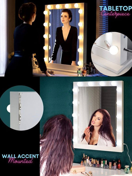 LUXFURNI Large Hollywood Vanity Mirror with 14 LED Lights Tabletop Wall Mount White- NEW IN THE BOX! (2 Light Covers Cracked)