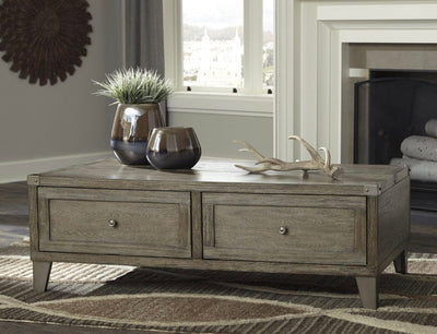 Signature Design by Ashley Chazney Industrial Lift Top Coffee Table with 2 Storage Drawers, Brown- NEW IN BOX!!!