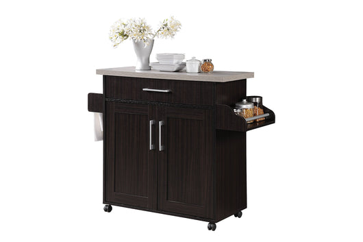 Hodedah Kitchen Island with Spice Rack, Towel Rack & Drawer, Chocolate with Grey Top**New in box**