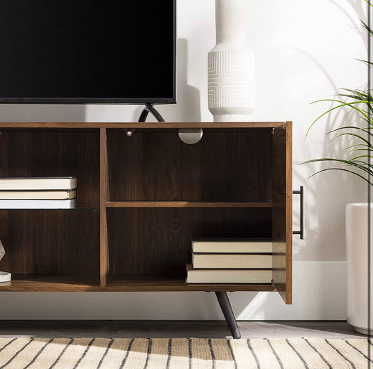 Walker Edison Saxon - TV stand with glass shelf, 2-door, mid-century modern style, for TVs up to 80 inches, 70 inches, dark walnut!  -Brand new in the box