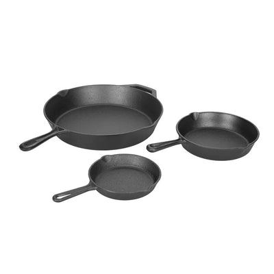 Ozark Trail 3 Piece Pre-Seasoned Cast Iron Skillet Set, 6", 8" and 12" Pans**New in box**