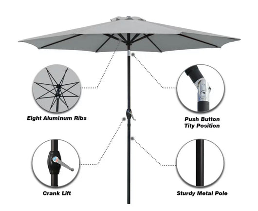 Lacoo 9' Grey Patio Umbrella Outdoor Market Table Umbrella with Push Button Tilt, 8 Sturdy Ribs- NEW IN BOX!!!!
