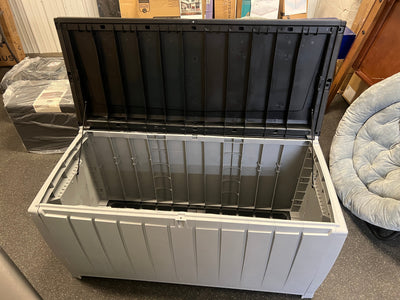 Keter Novel Outdoor 90 Gallon Plastic Deck Box, Black!! NEW AND ASSEMBLED, SIDE CRACKED(PHOTOS SHOWN)!!
