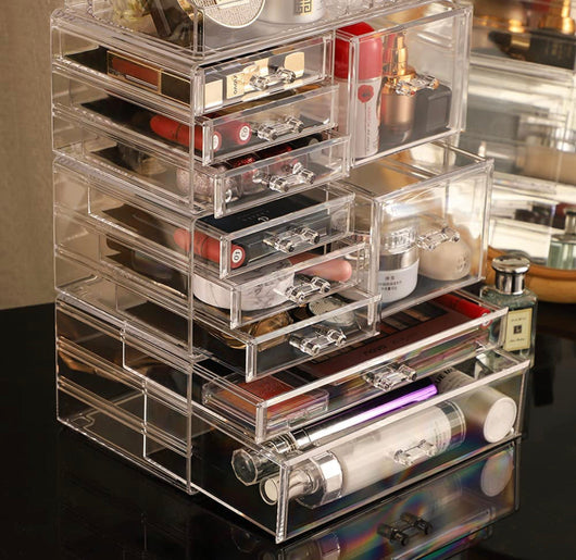 Cq acrylic Clear Makeup Storage Organizer Drawers Skin Care X Large Cosmetic Display Cases Stackable Storage Box With 10 Drawers For Dresser,Set of 4- NEW OUT OF BOX!!!