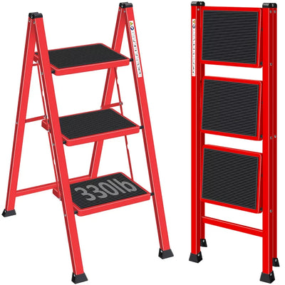 Kingrack 3-Step Stool, Household Folding Non-Slip Step Ladder, Collapsible Stool for Adults, 330lbs Capacity (Red)!  -Brand new