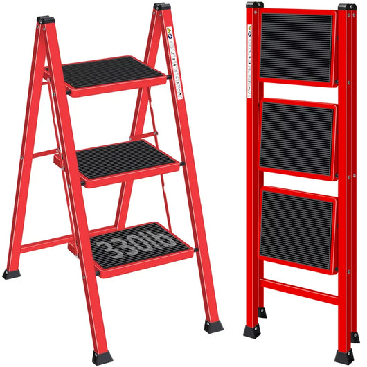 Kingrack 3-Step Stool, Household Folding Non-Slip Step Ladder, Collapsible Stool for Adults, 330lbs Capacity (Red)!  -Brand new
