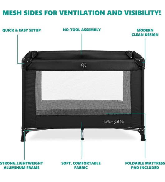 Dream On Me Nest Portable Play Yard With Carry Bag And Shoulder Strap, Black- NEW IN BOX!!!
