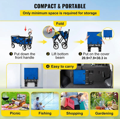 VEVOR Folding Wagon Cart, 176 lbs Load, Outdoor Utility Collapsible Wagon w/Adjustable Handle & Universal Wheels, Portable for Camping, Grocery, Beach, Blue & Gray!! NEW OUT OF BOX!!