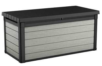 Keter Denali 150 Gallon Resin Large Deck Box-Organization and Storage for Patio Furniture, Outdoor Cushions, Garden Tools , Pool Toys, Grey & Black**New in box**