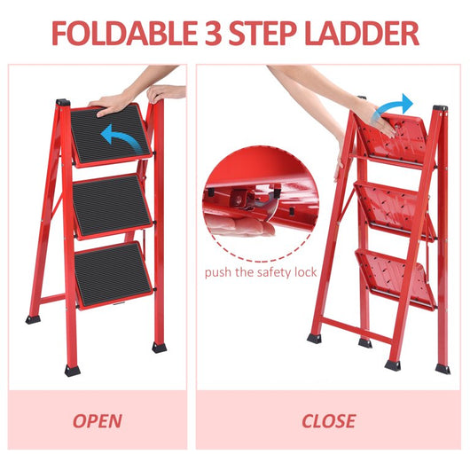 Kingrack 3-Step Stool, Household Folding Non-Slip Step Ladder, Collapsible Stool for Adults, 330lbs Capacity (Red)!  -Brand new