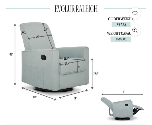 Evolur Raleigh Upholstered Plush Seating Glider Swivel, Rocker, Recliner, Glider for Nursery- brand new / assembled