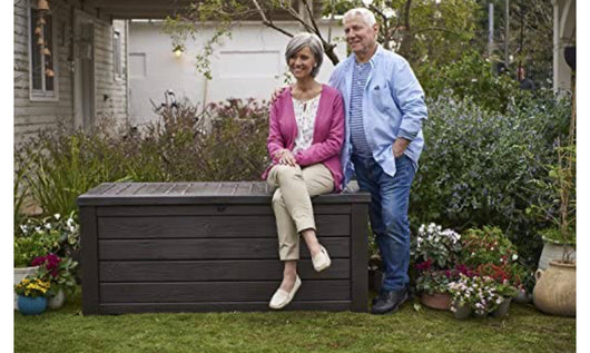 Keter Westwood 150 Gallon Resin Large Deck Box-Organization and Storage for Patio Furniture, Outdoor Cushions, Garden Tools , Pool Toys, Brown- new in box