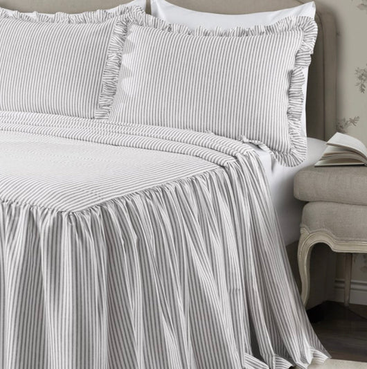 Lush Decor Ticking Stripe Ruffle Detail Bedspread, Full, Gray, 3-Pc Set- NEW IN BAG!!!